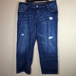 Avenue Jeans Womens 14 Dark Wash Distressed Straight Leg Stretch Denim Blue